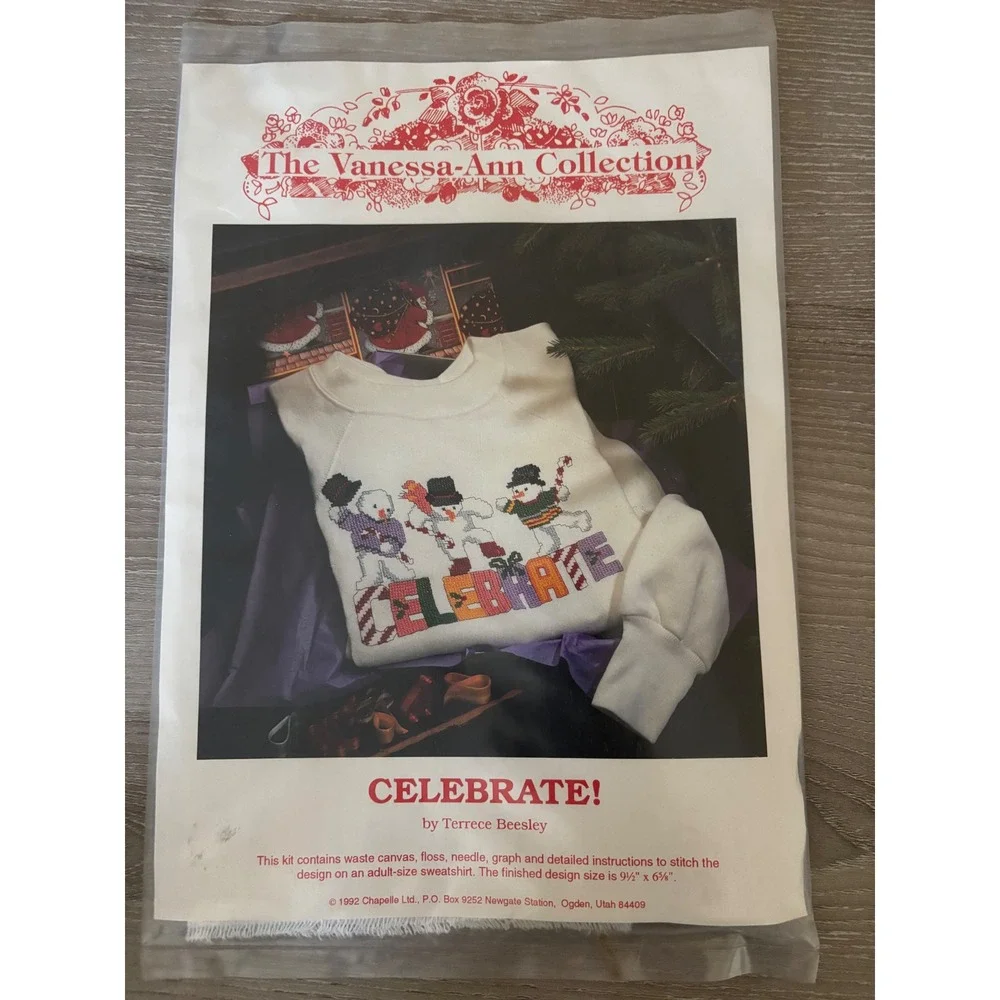 NEW VTG Vanessa Ann Celebrate Christmas Cross Stitch Kit Adult Sweatshirt Design